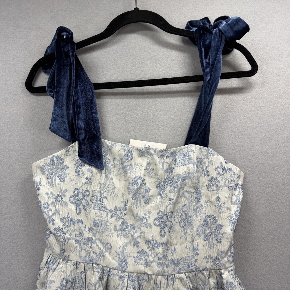 Idem Ditto Babydoll Dress Womens Small Beige Blue Floral Square Neck Back Zip - Picture 2 of 12